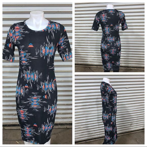 LuLaRoe dress career sheath black w/ geometric design short sleeve size small - Picture 1 of 7